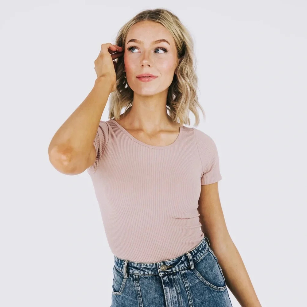 Free People Ribbed Short Sleeve Bodysuit in Dusty Pink